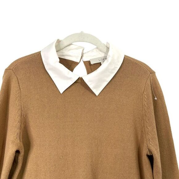 Loft Poplin Layered Mixed Media Sweater Size S neutral tan white - Picture 4 of 11